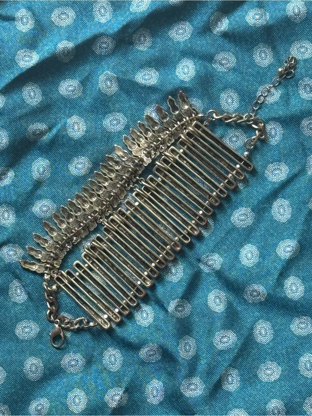 Ornate Silver Tone Wide Cuff Bracelet Boho Tribal Statement Fringe